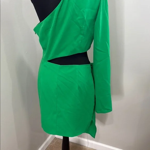 Green Asymmetrical One-Shoulder Bodycon Dress with waist tie and cut outs size L - Picture 9 of 11
